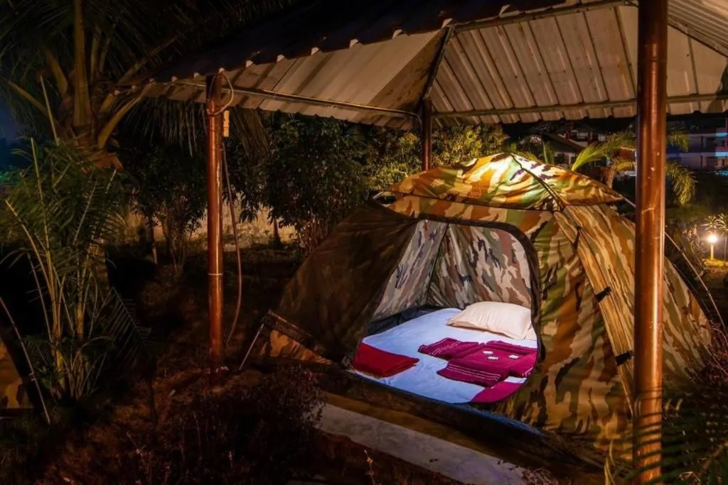 Tent under a covered shelter, pictured on Dandeli Safari